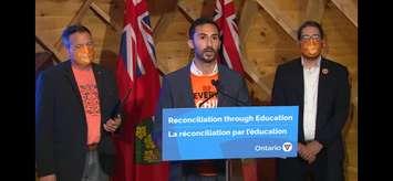 Ontario Education Minister Stephen Lecce, announces an expanded Indigenous curriculum for elementary students, September 29, 2021. Image from Government of Ontario/YouTube.