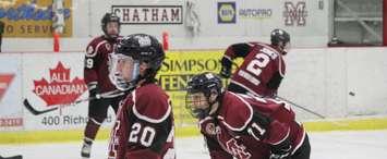 Chatham Maroons forwards Brett Fisher (20) and Dallas Maurovic (71) warm up ahead of a home game. February 23, 2020. (Photo by Matt Weverink)
