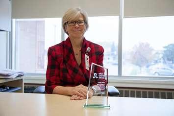 Lori Marshall, President and CEO, Chatham-Kent Health Alliance (CKHA) pictured with CKHA's Provincial Conversion Rate Award from Trillium Gift of Life Network (TGLN). (Photo courtesy of CKHA)