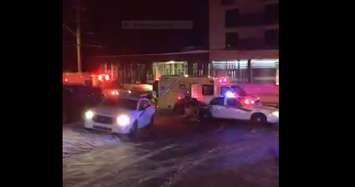 Police and ambulance crews at the scene of a shooting at a Mosque in Quebec City. Screen capture from video on Centre Culturel Islamique de Québec Facebook page.
