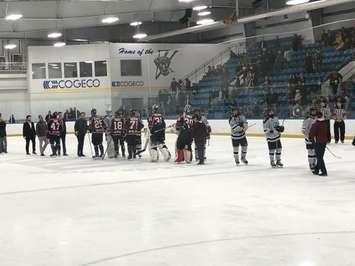The Chatham Maroons shake hands with the LaSalle Vipers after their Game 7 defeat, March 8, 2020. Photo By: Matt Weverink, Blackburn News.