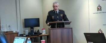 Chatham-Kent Police Chief, Gary Conn, addresses the board at the December meeting. December 19, 2018. (Photo by Greg Higgins)
