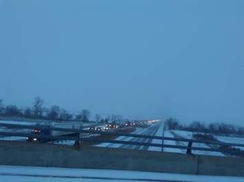 Hwy. 401 traffic backed up near Drake Rd., January 29, 2018. (Photo courtesy of Derek Rudy)