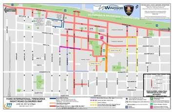 A map of all road closures and detours in downtown Windsor on fireworks night, June 26, 2017. (Photo courtesy of the Windsor Police Service)