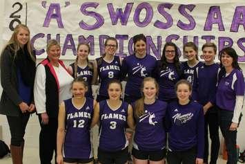 CCHS Sr. Girls Volleyball Team.
Back row:  Amy Bultje, Coach Ingrid Lahey, Ainsley McNamara, Abby Sluys, Michelle Vyn, Kate Taylor, Adele Steele, Bryce Koomans, Coach Patricia Sluys
Front row: Amy Koomans, Allison Bos, Laura Dieleman, Erica Bultje. (Photo submitted by Sharon Smith)