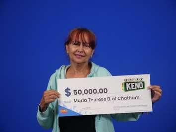 Maria Bailey of Chatham wins $50K in Daily Keno draw. (Photo via OLG)