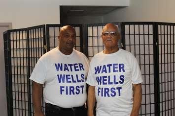 Advocates for Water Wells First attend Otter Creek Wind Farm public meeting at Baldoon Golf and Country Club. Calvin Simmons (left) and Bernard Simmons (right). July 19, 2016. (Photo by Natalia Vega)