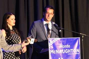 PC candidate Monte McNaughton delivers his victory speech after earning a win in the riding of Lambton-Kent-Middlesex, June 7, 2018. (Photo by Natalia Vega, BlackburnNews.com)