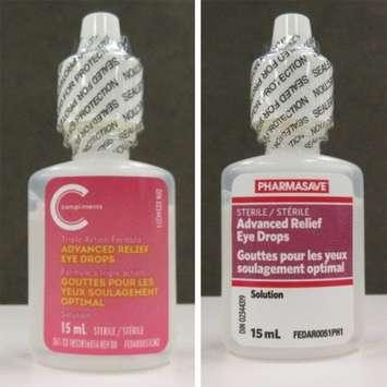 The Pharmasave Advanced Relief Eye Drops and Compliments Advanced Relief Eye Drops are seen in these handout images. (Photo viaHealth Canada)