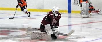 Chatham Maroons goalie Tiago Rocha warms up ahead of a game against the Sarnia Legionnaires. September 2019. (Photo by Matt Weverink)