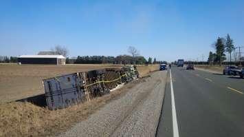 Transport truck rollover on Hwy. 40 near Fairview Line. March 8, 2017. (Photo courtesy of Chatham-Kent OPP)