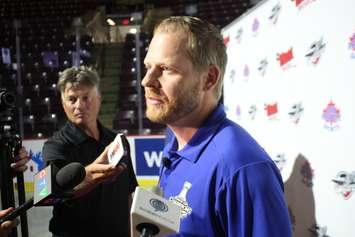 St. Louis Blues assistant coach and former Windsor Spitfire Steve Ott meets with reporters at the WFCU Centre, July 25, 2019. Photo by Mark Brown/Blackburn News.