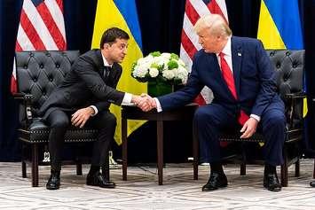 President Donald J. Trump participates in a bilateral meeting with Ukraine President Volodymyr Zalensky Wednesday, Sept. 25, 2019, at the InterContinental New York Barclay in New York City. (Official White House Photo by Shealah Craighead via Wikipedia)
