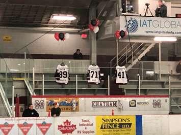 Three Chatham Maroons jerseys hang at Chatham Memorial Arena. Photo by Matt Weverink