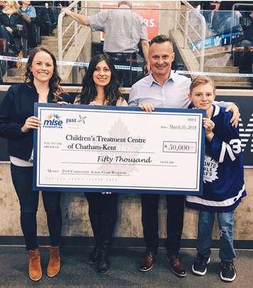 CK Children's Treatment Centre gets cheque from Maple Leafs Sports & Entertainment (MLSE) Foundation. Mar 12, 2018. (Photo courtesy of CKCTC Foundation)