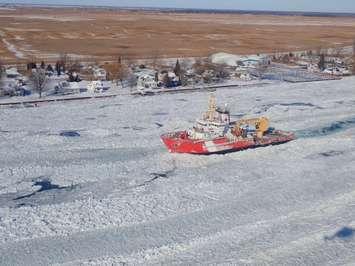 CCGS Samuel Risley with USCG cutters Neah Bay, Bristol Bay and Morro Bay breaking ice jams posing a high risk of flooding for communities on the St. Clair River including St. Clair Township.  (Photo courtesy of Canadian Coast Guard-Winter 2017-2018)