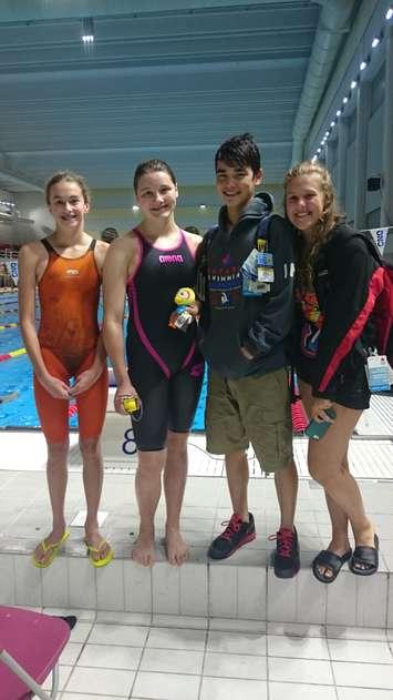 (Left to right): Genevieve Sasseville (CYPS), Madison Broad (CYPS), Brendan Vanherk (Blenheim Blast) & Maude Boily-Dufour (Sarnia Rapids) at the Canadian Age Group Swimming Championships (Photo courtesy of Bailey Salmon Moskal)