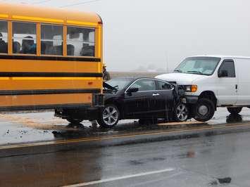 School bus involved in a crash on St. Clair St. in Chatham, Mar. 26, 2015. (Photo by Simon Crouch) 
