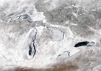 Great Lakes ice cover was 92.5% on March 6, 2014. (Photo courtesy of NOAA Great Lakes CoastWatch and NASA)