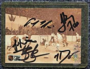 A Bill Barilko hockey card signed by the Tragically Hip is going to help CK Community Foundation. (Photo courtesy of Blair Babcock via e-Bay)