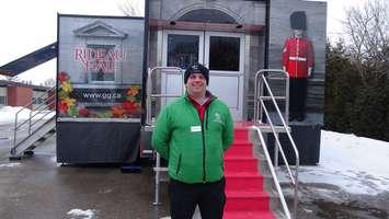 "It's An Honour!" Tour Manager Francois Grenier in front of the mobile exhibit (Photo by Jake Kislinsky).