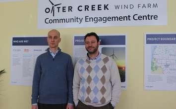 Project Manager Mark Weatherill (left) and Director of Project Development Adam Rosso at the Otter Creek Wind Farm office in Wallaceburg. January 30, 2017. (Photo by Natalia Vega)