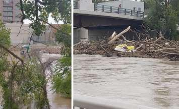 Debris gathers at the Fifth Street Bridge in Chatham. September 26, 2021. (Photo courtesy of @hedzup00 via Twitter)
 