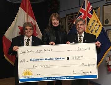 Left to right: Irene Williams , Zone A-3 Commander, Jodi Maroney , executive director of Chatham-Kent Hospice Foundation and Linda Heyninck , president of Royal Canadian Legion Branch 642.