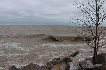 Waves along shoreline in Erieau. April 16, 2018. (Photo by Sarah Cowan Blackburn News Chatham-Kent). 