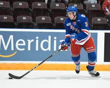 Grayson Ladd of the Kitchener Rangers.  The Kent Bridge native was traded to the Windsor Spitfires on January 7, 2018. Photo by Aaron Bell/OHL Images