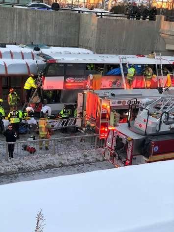 Emergency crews respond to a deadly double-decker bus crash at Westboro Station in Ottawa, January 11, 2019. (Photo courtesy of Harry's Queen via Twitter)