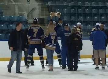 Caledonia Corvairs celebrate after winning the Sutherland Cup with a victory over the LaSalle Vipers, May 3, 2015. (Photo courtesy of Chris McLeod)