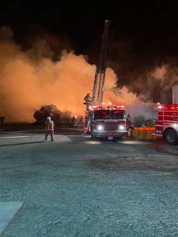 The scene after a barn fire broke out at 9064 Horton Line in Blenheim, Ontario. (Photo courtesy of Chatham-Kent Fire and Emergency Services via Twitter)