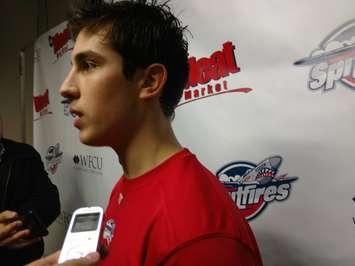 Windsor Spitfires centre Daniel Beaudoin speaks to the media following the Spits' 7-6 overtime win over the Saginaw Spirit at the WFCU Centre in Windsor on December 17. (PHOTO/Mark Brown)