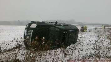 Hwy. 401 rollover in Thamesville. February 4,
 2018. (Photo provided by Chatham-Kent OPP). 
