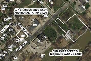 Aerial view of the subject property along Grand Avenue East in Chatham-Kent. 