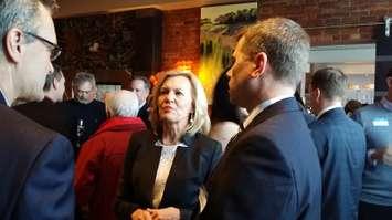 PC leadership candidate Christine Elliott talks with supporters at the Chatham Retro Suites on February 17, 2015. (Photo by Jake Kislinsky)