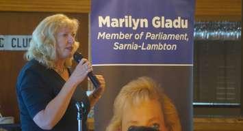 Sarnia-Lambton MP Marilyn Gladu speaks at the Sarnia Riding Club. June 21, 2019. (BlackburnNews photo by Colin Gowdy)