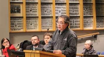 President of Y.C. Liu Engineering Chet Liu speaking at Monday night's council meeting. February 13, 2017. (Photo by Natalia Vega)