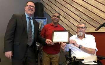 Mayor Darrin Canniff, Macs operator Naveed Pasha and Rick LaMarsh at the Accessibility Awards in Chatham on February 19, 2019. (Photo by Allanah Wills) 