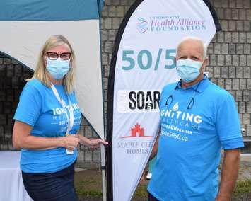 Mary Lou Crowley, President & CEO, Chatham-Kent Health Alliance Foundation & Gilles Michaud, Maple City Homes at the
Chatham-Kent Health Alliance Foundation’s Igniting Healthcare 50/50 draw August 26, 2020. (Submitted photo)