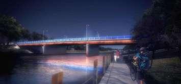 Image of the proposed rehabilitation of Third Street Bridge with LED
lighting observed from the riverfront walkway (Photo via the Municipality of Chatham-Kent)
