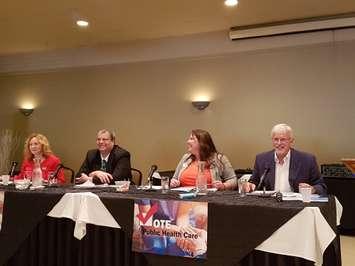 Candidates for the Chatham-Kent Leamington riding debate health care at Smitty’s Family Restaurant in Chatham, May 10, 2018.  From left, Margaret Schleier, Mark Vercouteren, Jordan McGrail, and Rick Nicholls.  (Photo courtesy of Chris Bright)