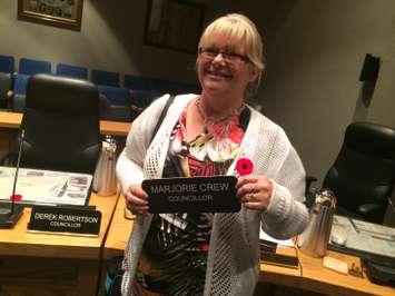 Marjorie Crew poses for photos on her last council meeting as a Chatham-Kent councillor on November 3, 2014. (Photo by Ricardo Veneza)