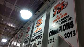 Essex 73's championship banners hanging from the rafters of the Essex Memorial Arena. (Photo by Ricardo Veneza)