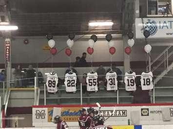 The six Chatham Maroons players completing their final regular season game with the team are honoured before the game against the London Nationals at Chatham Memorial Arena, February 25, 2018. Photo by Matt Weverink/Blackburn News.