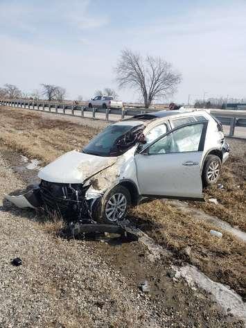 Police investigate a crash on Highway 401 near Tilbury, March 1, 2020. (Photo courtesy of the OPP via Twitter)