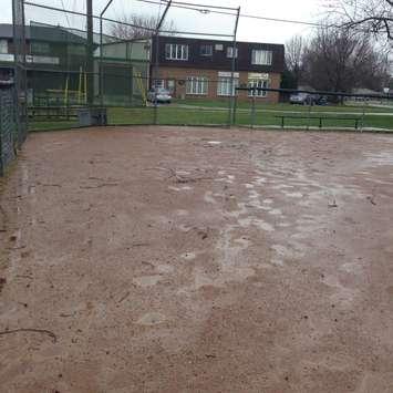 The baseball diamond at Percy Park after a heavy thunderstorm, March 28, 2016 (Photo by Simon Crouch)