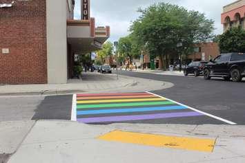 Newly installed rainbow crosswalk in Chatham at the intersection of King and Forsyth St. August 8, 2018. Photo by Sarah Cowan Blackburn News Chatham-Kent). 