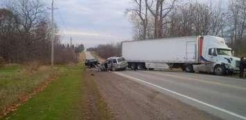 Two people are dead in a head on crash on Longwoods Rd. west of Melbourne. Photo courtesy of @OPP_WR on Twitter. 